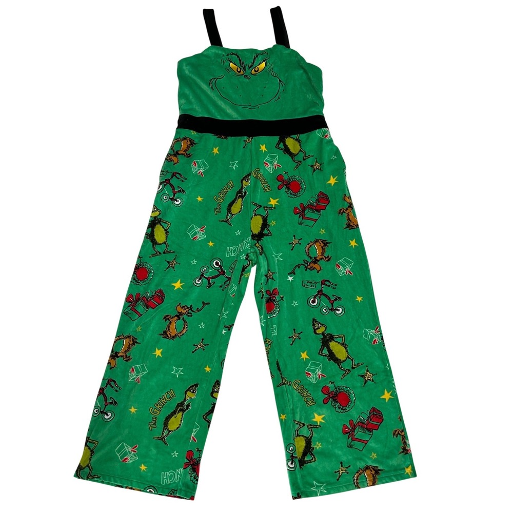 The Grinch Dr Seuss Green Velour Wide Leg Jumpsuit Womens XL 15-17 Holiday